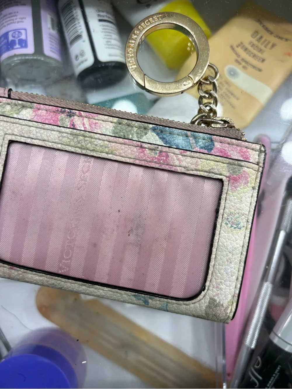 Victoria's Secret Floral & Butterfly Keychain Card Holder - Cream, Pink, Blue